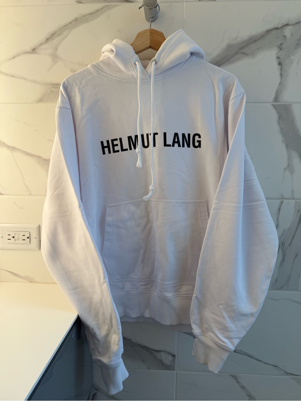 Helmut Lang White Hoodie with Black Logo - Men's Pullover